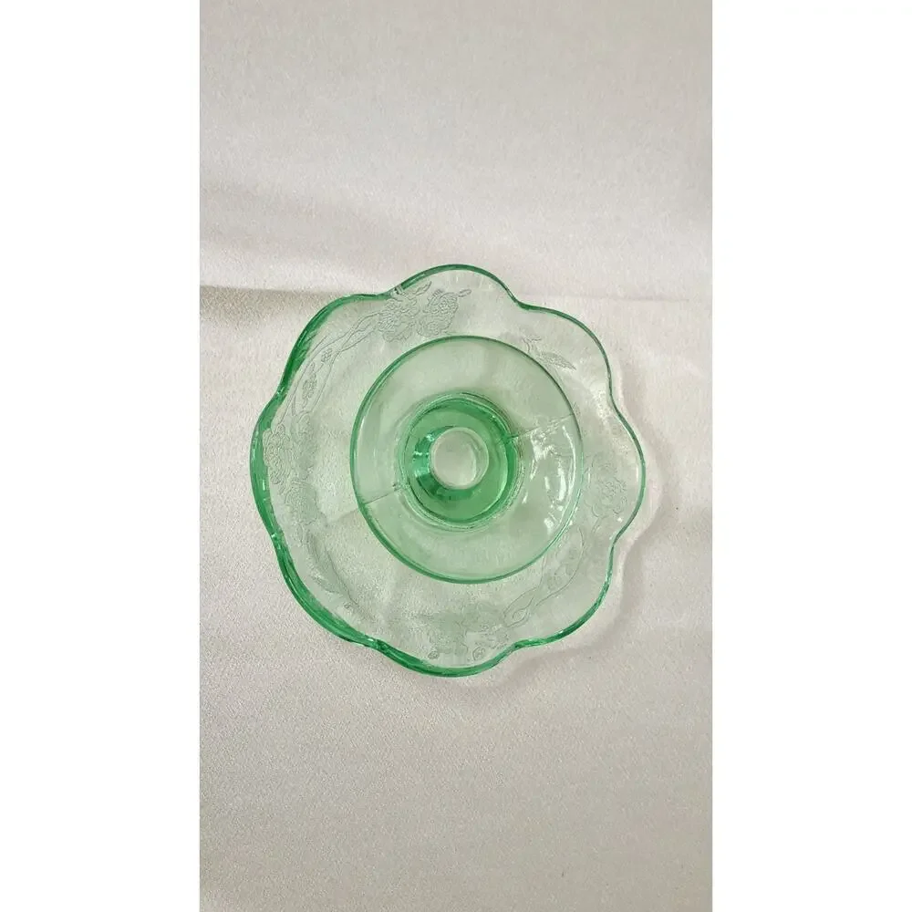 Vintage Paden City Peacock Wild Rose Green Glass Mushroom Candlestick READ